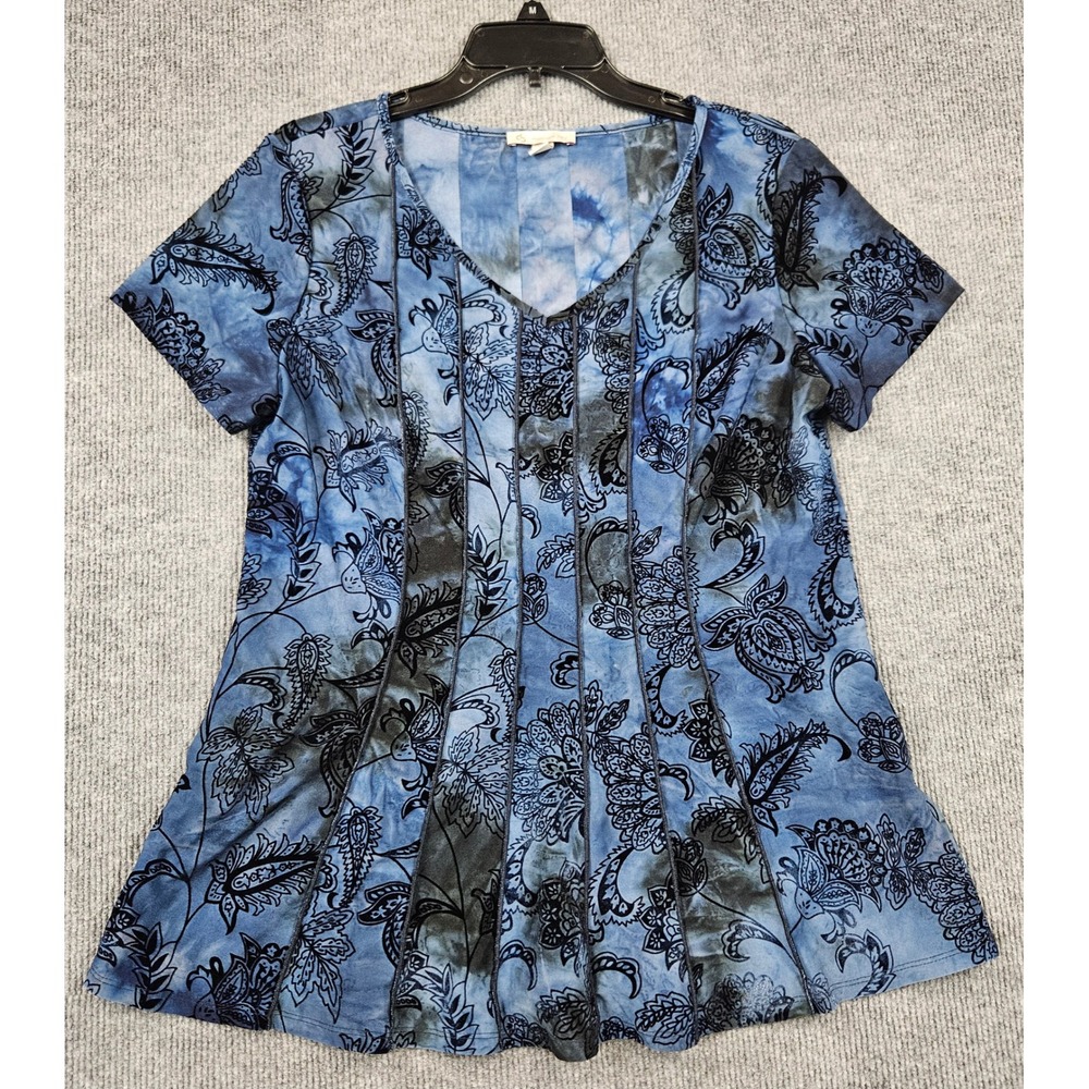 C&B Established 1962 Blue Black Paisley Floral V-Neck Paneled Top L Burnout - Picture 1 of 6